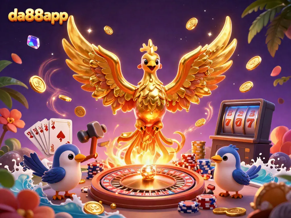 Win big with da88app's thrilling casino experience highlighted by the molten gold phoenix and vibrant game elements.