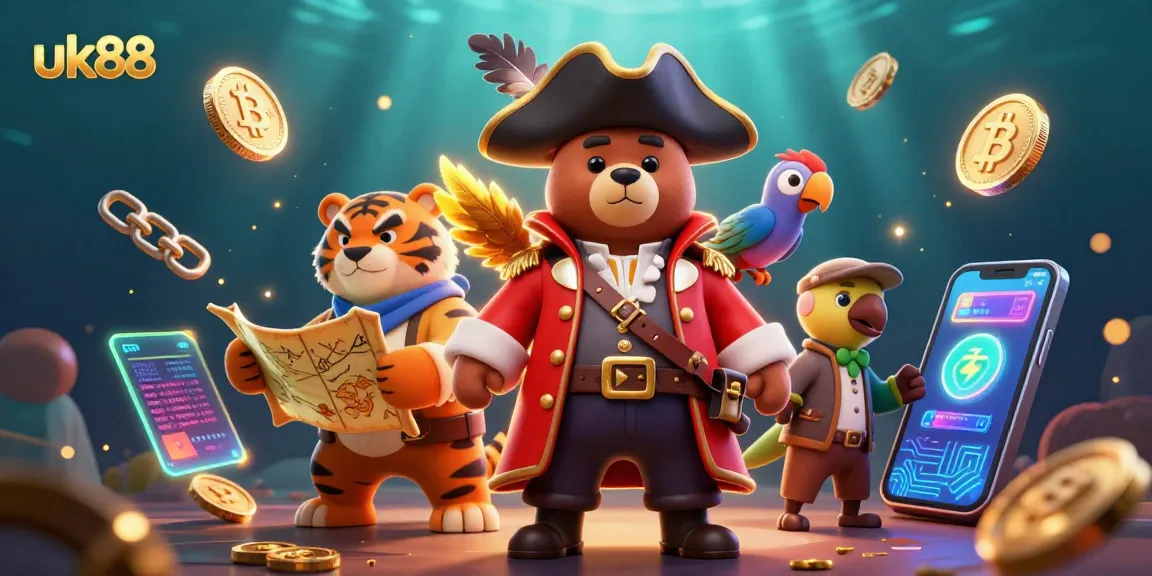 Engage with uk88's thrilling visuals as a pirate captain bear leads an adventure surrounded by vibrant gaming elements.