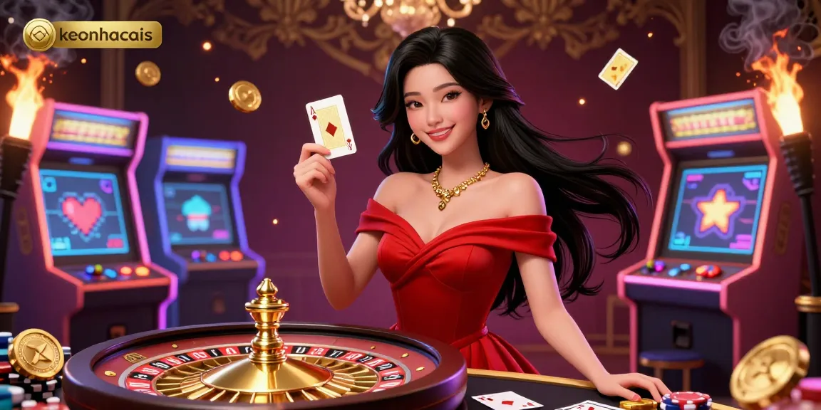 Experience the thrill of winning with keonhacais as you enjoy a vibrant casino setting featuring a stunning woman and a roulette wheel.