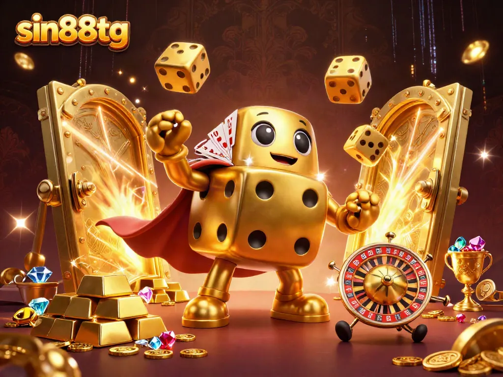 Experience thrilling gaming excitement with sin88tg's dynamic casino illustration featuring golden dice and treasures.