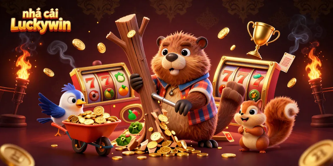 Engage with the thrilling world at nhà cái Luckywin, featuring a lively scene with cartoon characters among dazzling gaming elements.