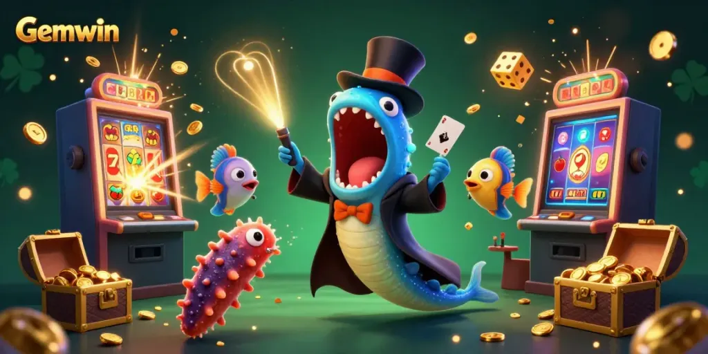 Experience Gemwin's thrilling card tricks in a vibrant casino-themed underwater spectacle.