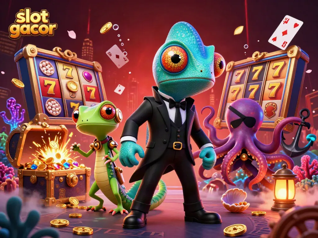 Experience the thrilling dynamics of slot gacor in this vibrant illustration with animated characters.