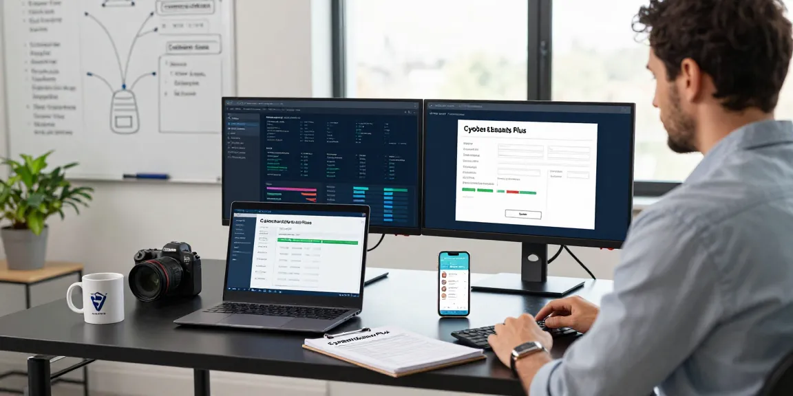 Cyber Essentials Plus cost analysis in a modern cybersecurity workspace with certification documents and security tools.
