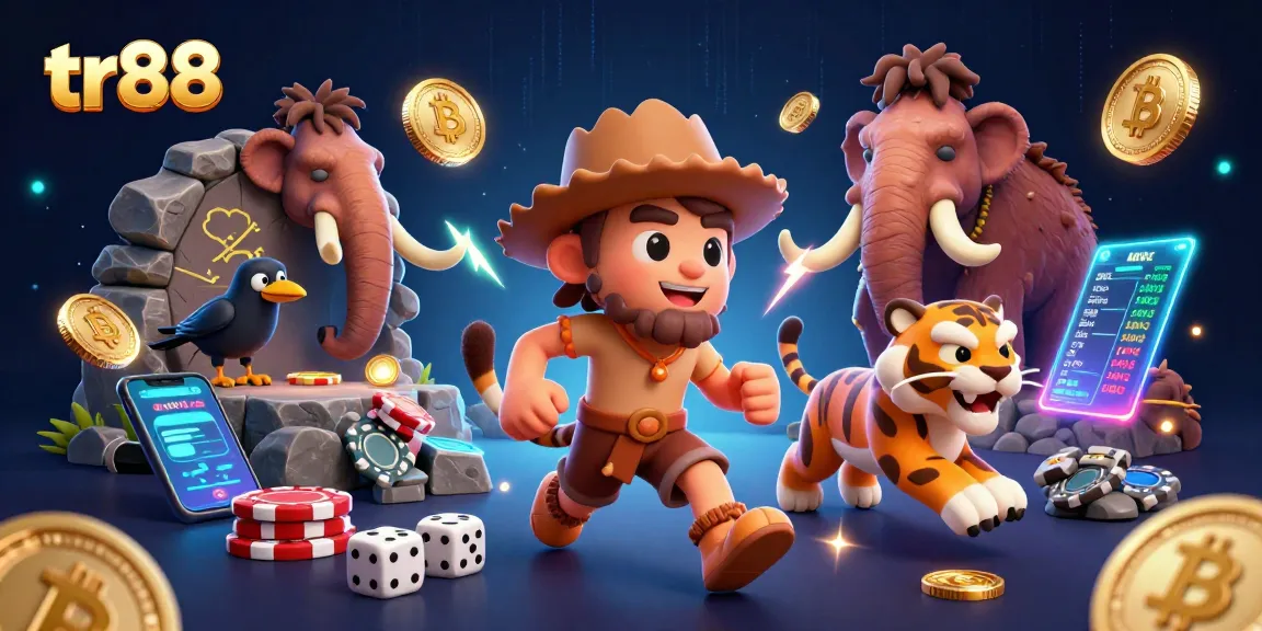 Experience thrilling gaming action at tr88 with a vibrant ancient casino scene featuring Bitcoin and Ethereum coins.
