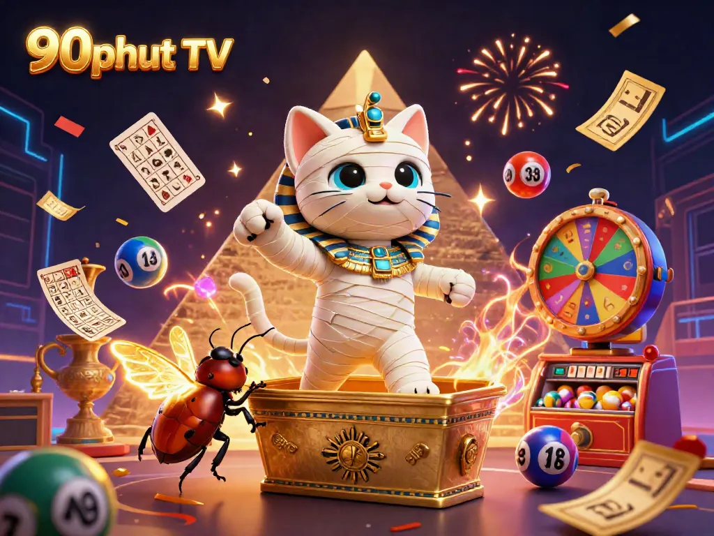 Experience dynamic 90phut TV casino energy with a cartoon mummy cat, gold elements, and vibrant gaming symbols.