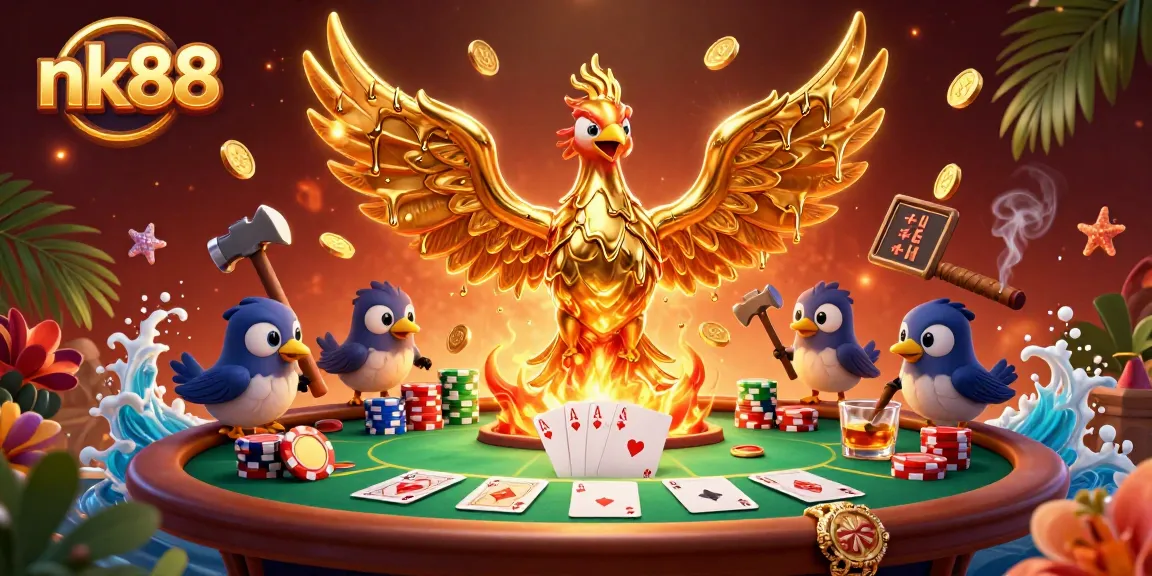 Experience the excitement of nk88 with a lively poker scene featuring golden phoenixes and abundant chips.
