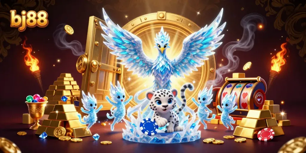 Engage with bj88's thrilling casino scene featuring an ice phoenix and vivid poker elements.
