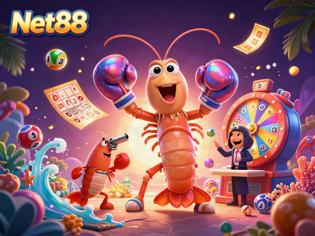 Join the excitement of Net88 with vibrant casino elements and animated characters in a lively winning scene.