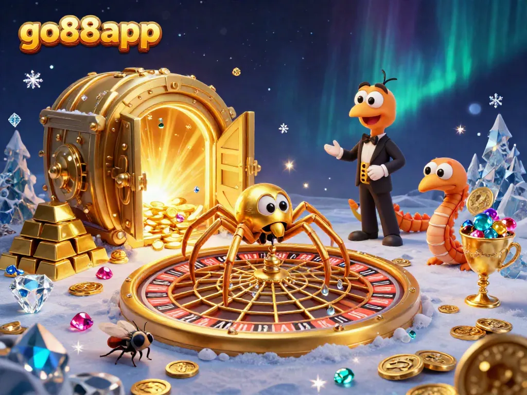 Experience thrill at the go88app casino with vibrant games and 3D characters in a dazzling illustration.