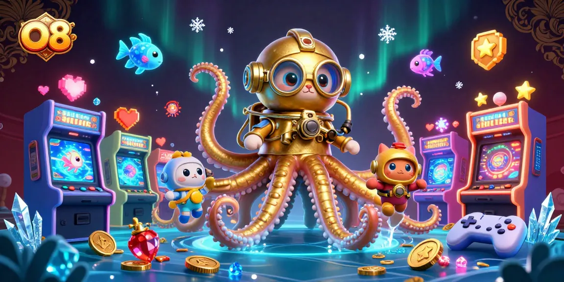 Join the thrilling adventure at O8 with a colossal kraken, diving cat, and vibrant gaming elements!