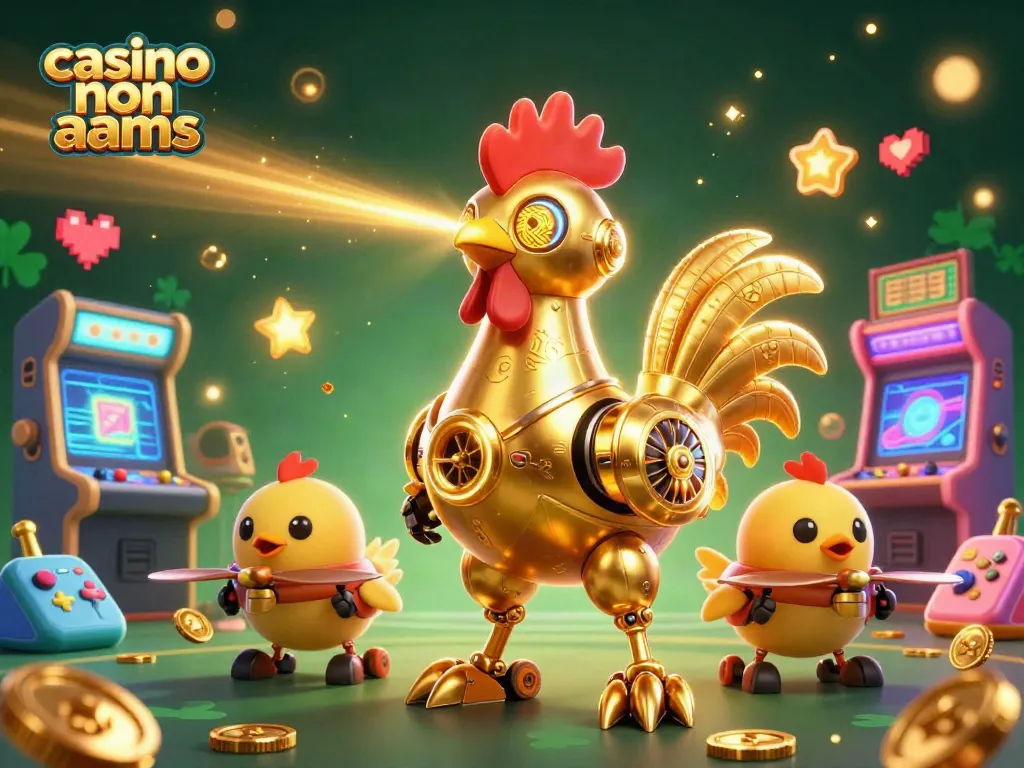 Gioca ai casinò non AAMS con la grafica 3D di un gallo robot dorato e macchine arcade colorate.