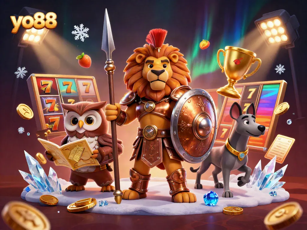 Experience thrilling gameplay at yo88 with an epic 3D Spartan lion, owl, and greyhound.