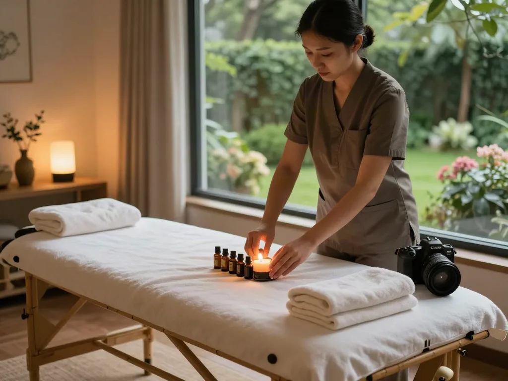 양천구출장마사지 service setup in a calming spa environment with essential oils and serene elements.