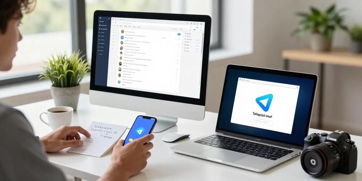 Engaging Telegram Download interface on multiple devices in a modern workspace.