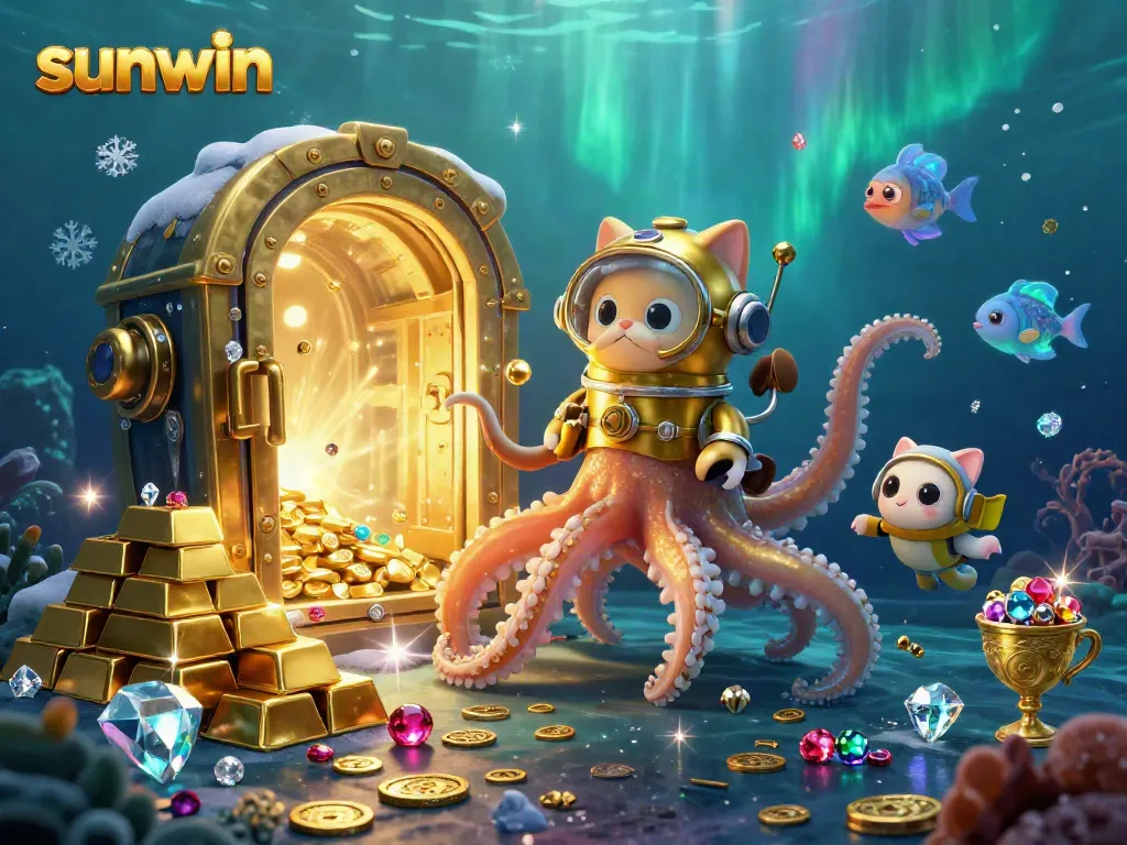 Experience the thrill of gambling with sunwin in this vibrant 3D casino scene featuring a kraken and diving cat.