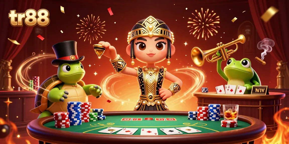 Play tr88 at an exciting casino with vibrant characters, poker elements, and electrifying atmosphere.