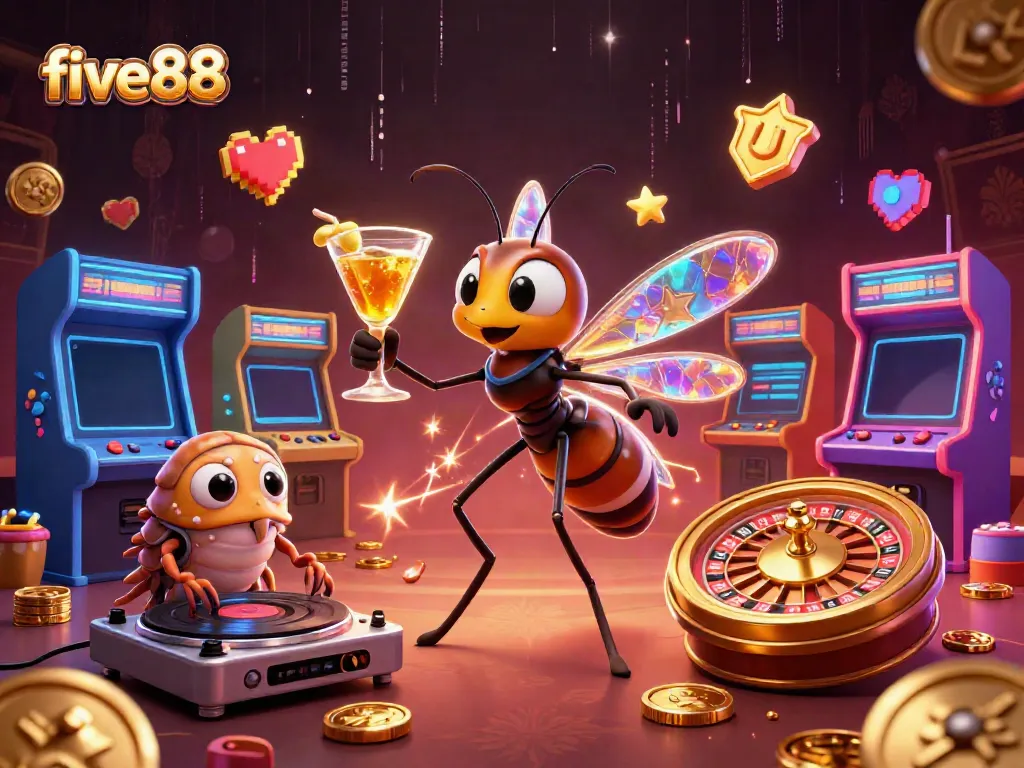 Experience the vibrant online casino world of five88 with dynamic game characters and atmospheric elements.