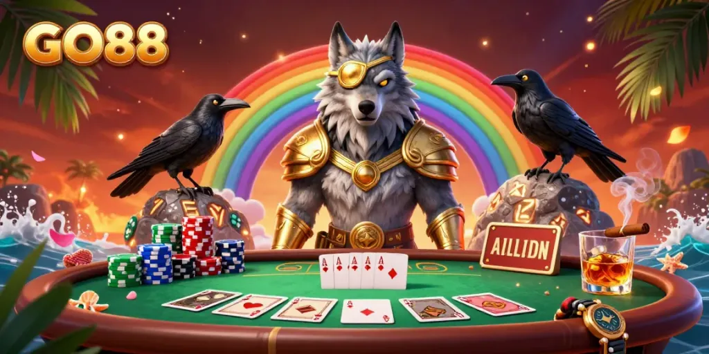 Engage with GO88's thrilling online casino world featuring iconic characters and vibrant casino elements.