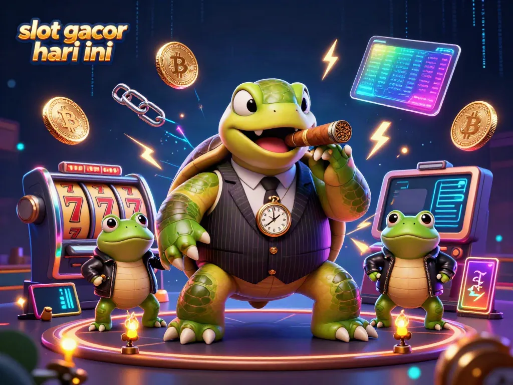 Engage with slot gacor hari ini featuring vibrant turtles and frog characters amidst slot reels and crypto elements.