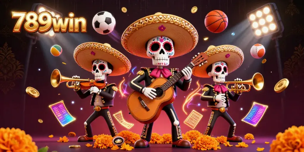 Experience the vibrant world of 789win with a colorful mariachi band amidst dynamic sports elements.
