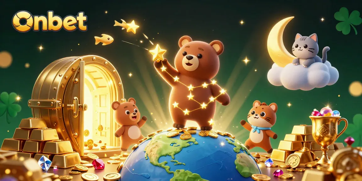 Join the excitement at onbet with a vibrant 3D casino scene showcasing animated characters scooping up winnings.
