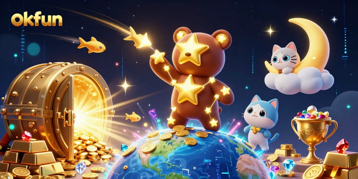 Engage with okfun's vibrant gaming universe through a 3D illustration of enchanting casino elements.