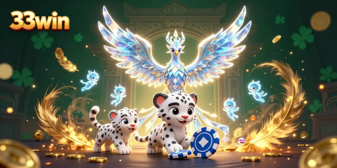 Engage with the 33win experience through a vibrant illustration featuring a mystical phoenix and playful snow leopard.
