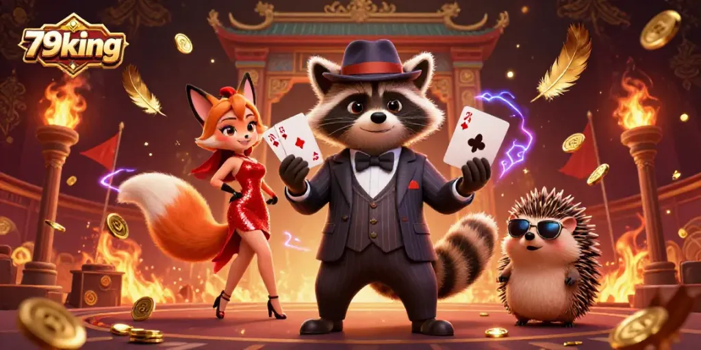 Experience the thrill of 79king with lively characters at a dynamic gambling arena surrounded by fortune and excitement.