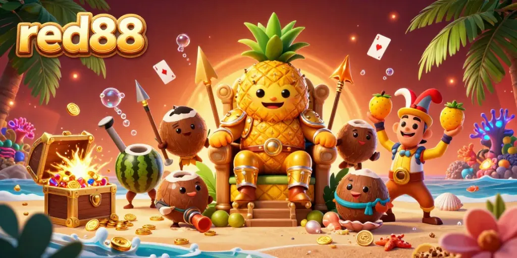 Experience the vibrant world of red88 with the golden pineapple king and lively beach casino elements.