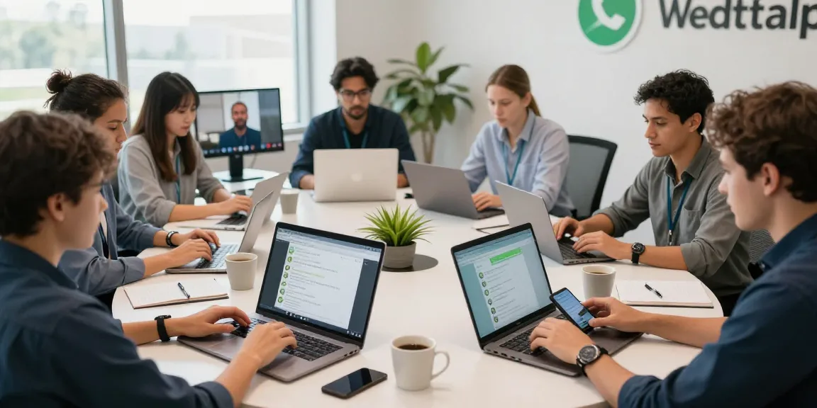 Using WhatsApp電腦版 in a collaborative office meeting to enhance communication.