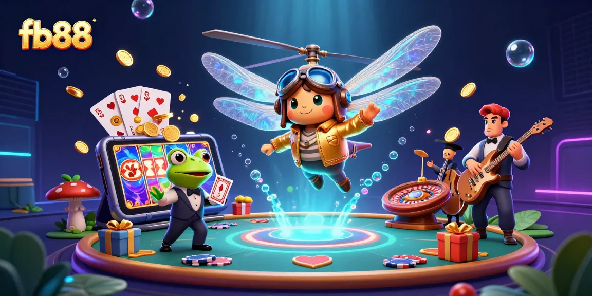 Experience excitement with fb88's vibrant gaming scene featuring a dragonfly pilot, frog dealer, and musical crickets.