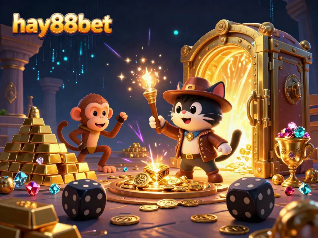 Experience the vibrant excitement of hay88bet with archaeologist cat exploring casino treasures in a stunning temple scene.