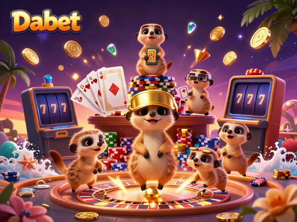 Dabet's vibrant online casino depicted through meerkats managing a thrilling gambling scene filled with gold coins and sparkling gems.