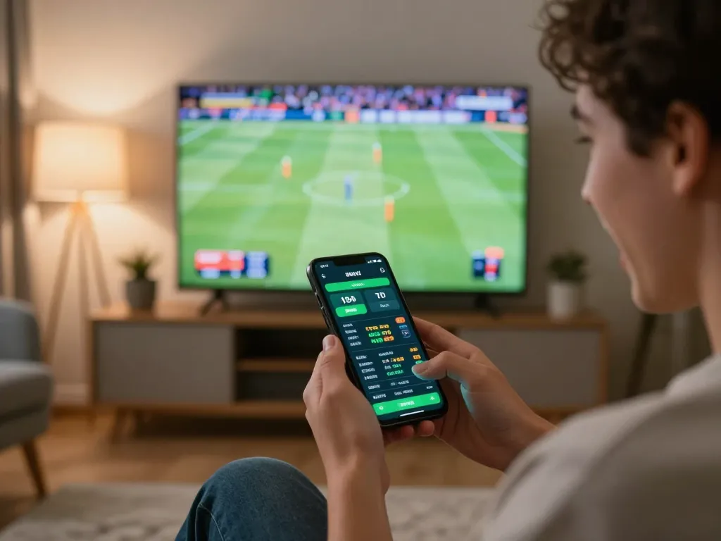 8kbet user excitedly placing bets on a mobile app during a sports game at home, showcasing live betting excitement.