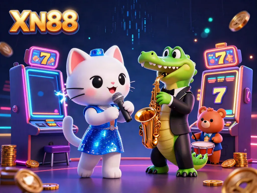 Join the excitement at XN88 with lively characters entertaining on a casino stage surrounded by vibrant slot machines.