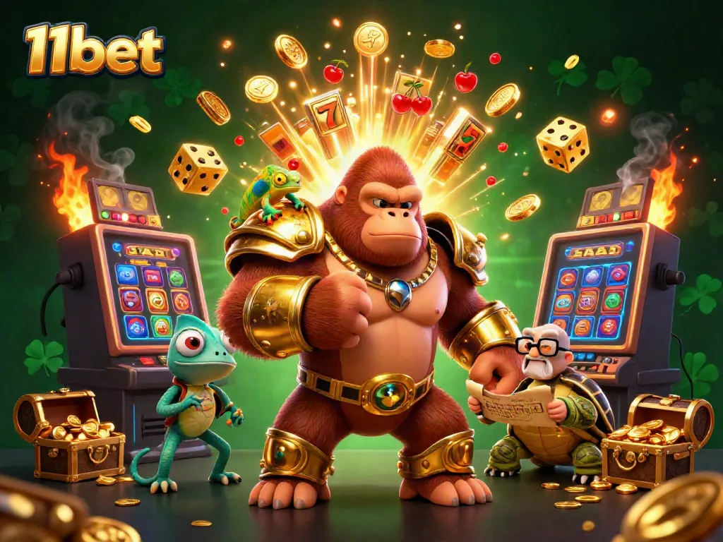 Experience thrilling casino gameplay with 11bet in this lively 3D illustration featuring epic characters.