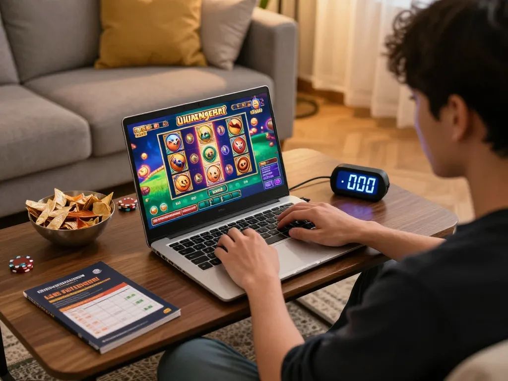 Engaging player enjoying slot luar negeri gaming on a laptop from a cozy home setting.