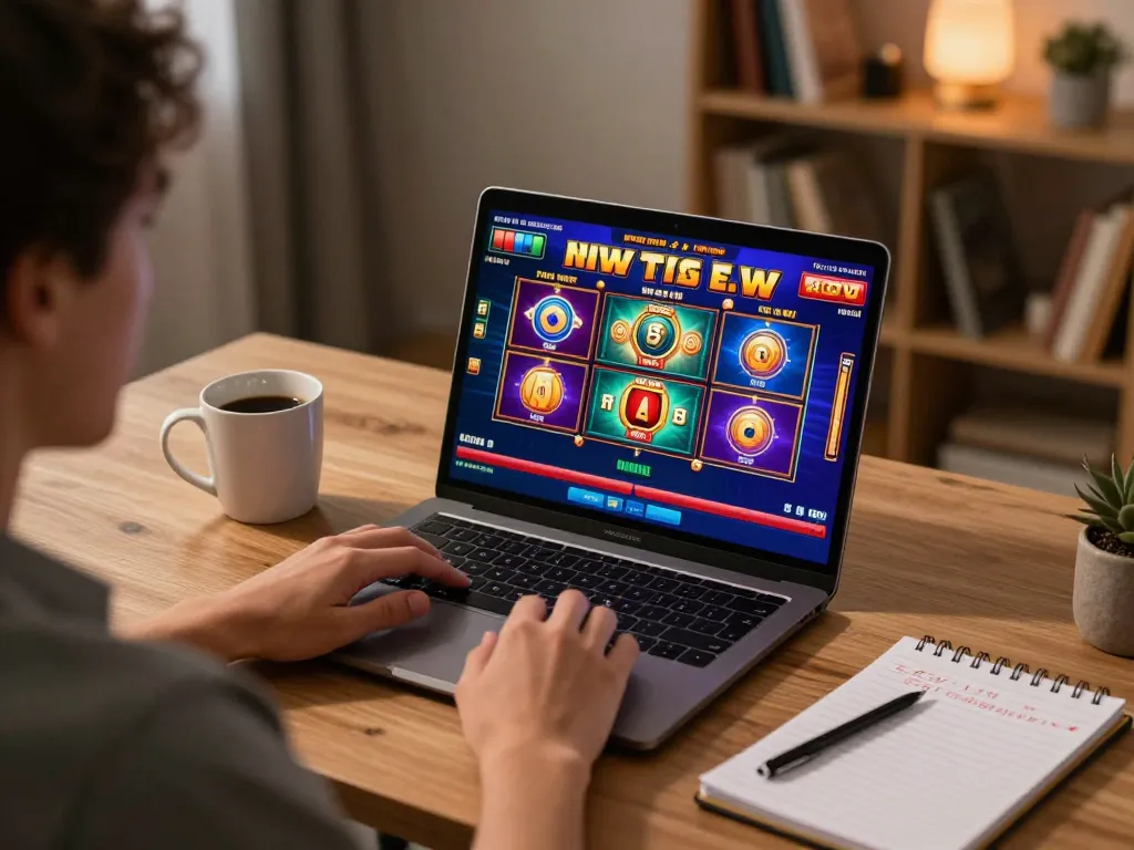 Person engaging with vibrant online SLOT game on laptop, showcasing a responsible gaming environment.