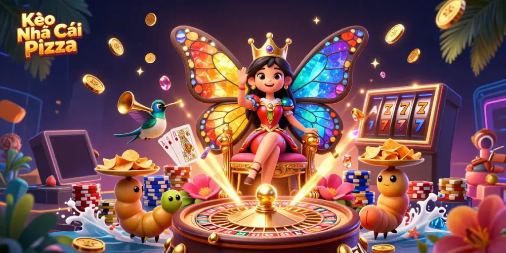 Kèo Nhà Cái Pizza brings vibrant casino energy with a butterfly queen and golden structures.