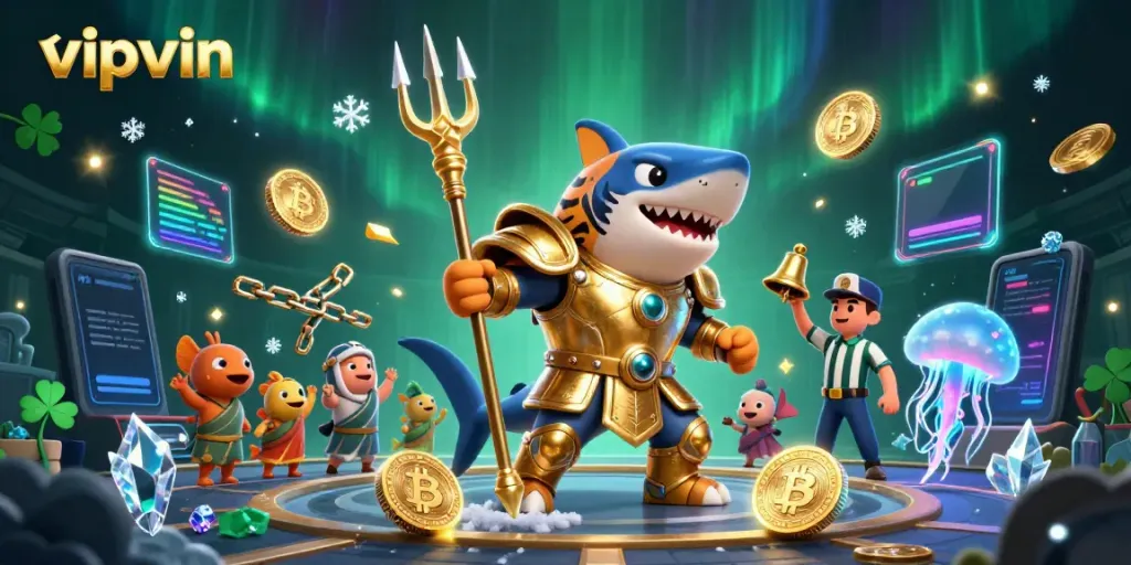 Experience thrilling gaming action with vipvin's dynamic underwater casino scene featuring a gladiator shark.