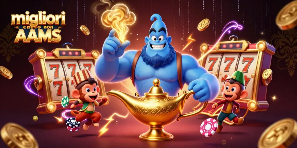 Scopri i migliori casino non AAMS con un'illustrazione dettagliata di giochi e elementi fortunati.