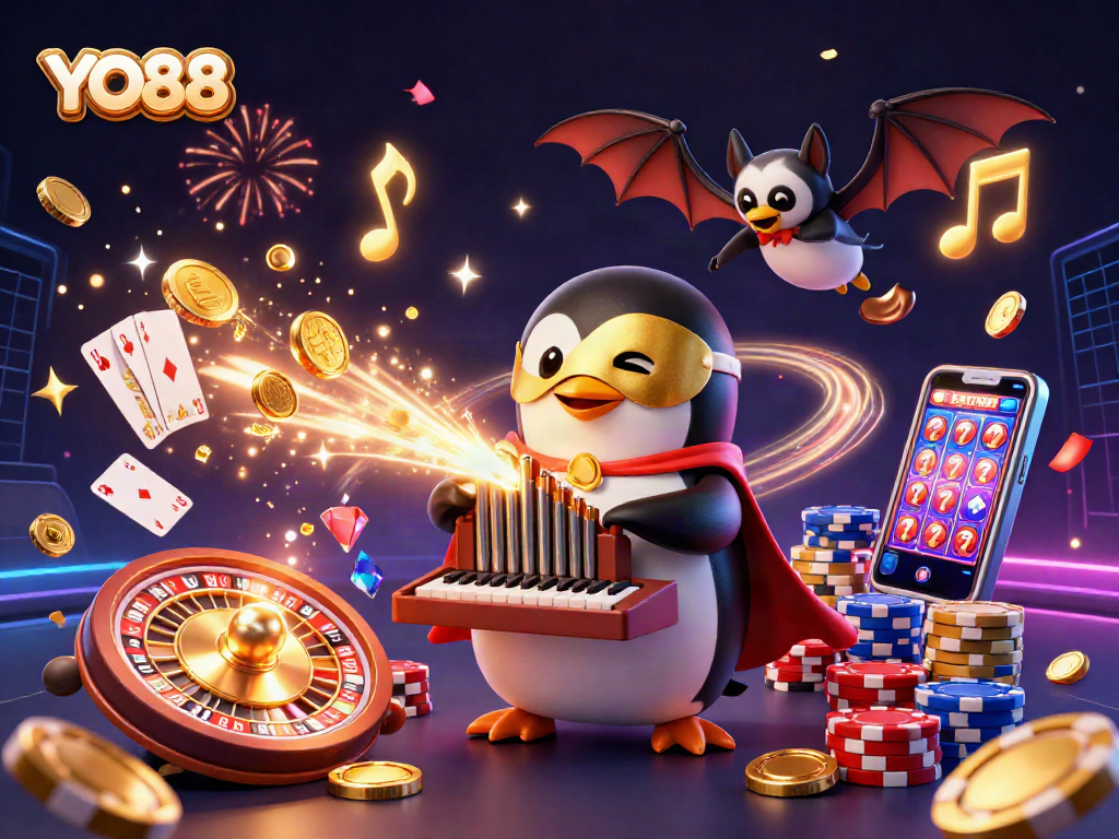 Experience excitement with YO88 as the phantom opera penguin plays a golden organ showering coins