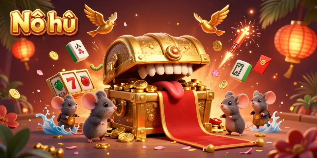 Nổ hũ jackpot scene showcasing a golden treasure chest and vibrant slot symbols enticing players.