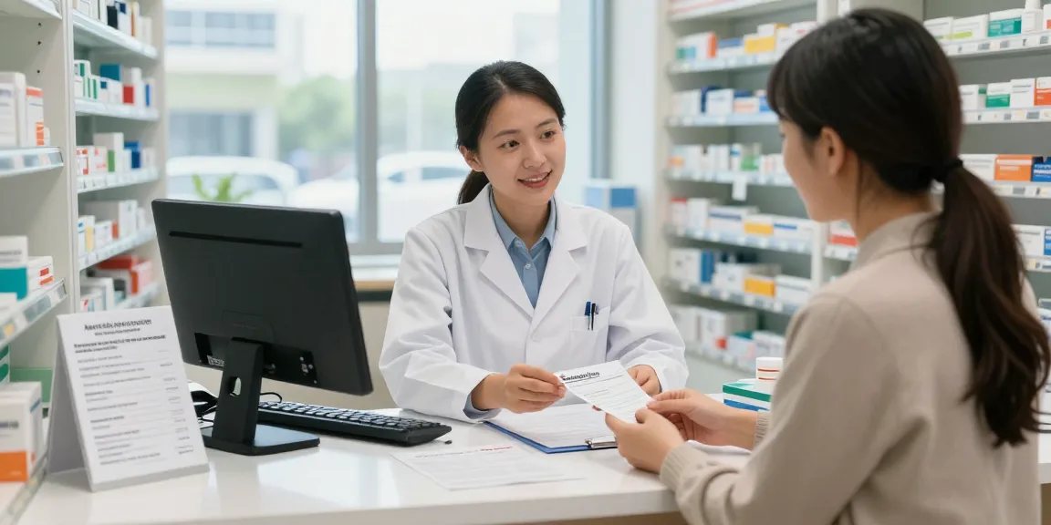 Consulting a pharmacist about how to buy semaglutide Canada, surrounded by medications, prescription forms, and informational pamphlets.