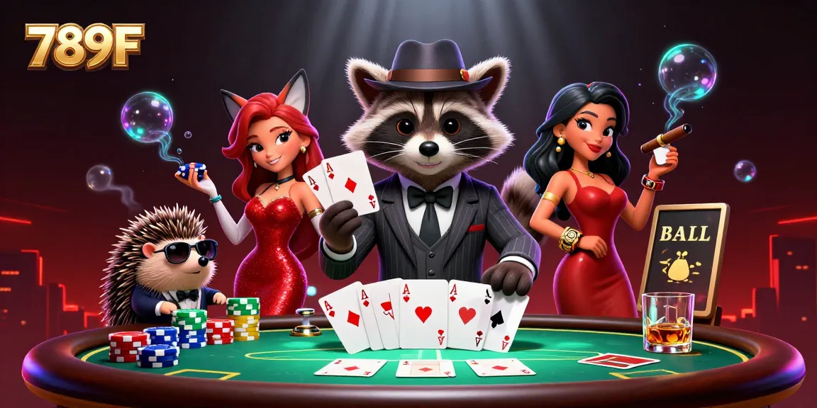 Experience thrilling poker action with 789F's vibrant casino scene featuring a raccoon, fox, and hedgehog.