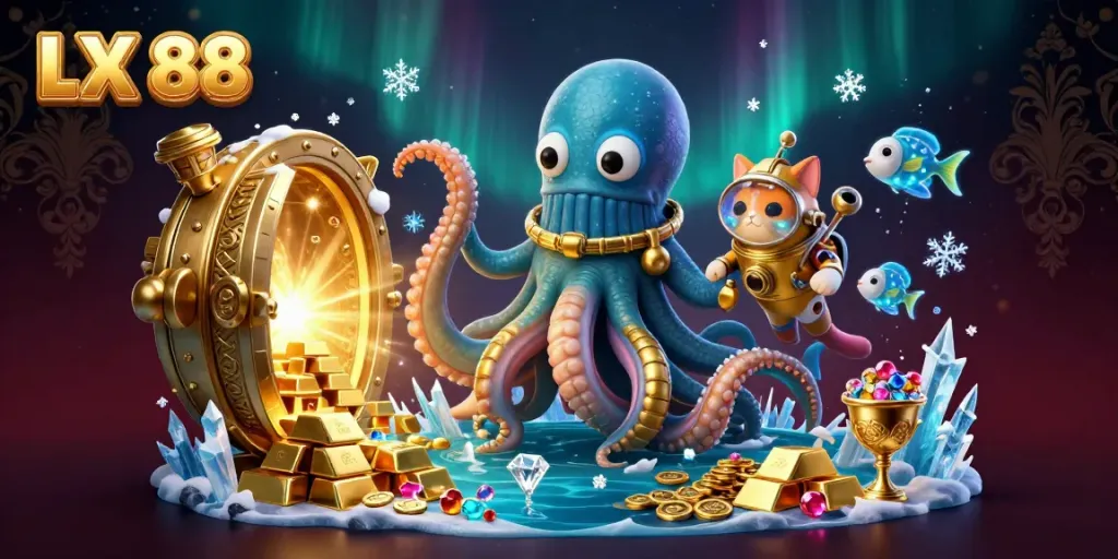 Engage with LX 88 in an ultra-detailed 3D casino scene featuring a colossal kraken and diving cat.