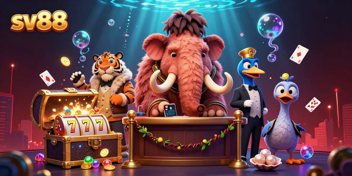 Experience the thrilling world of sv88 slots with cartoon characters amid treasure chests and vibrant gaming elements.