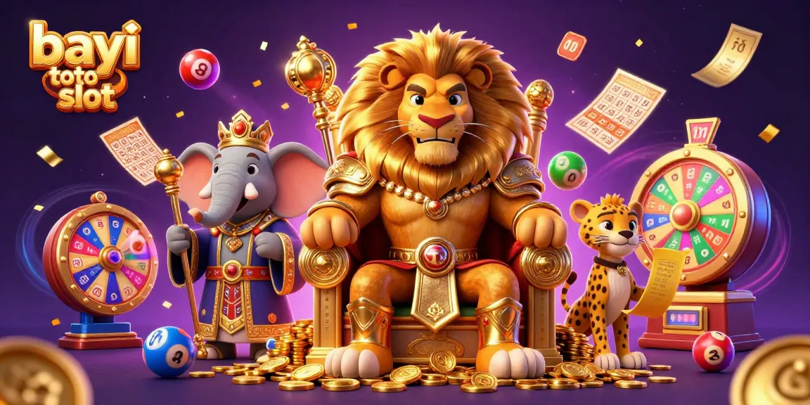 Bayi toto slot showcases exciting winning chances with animated lottery balls and a royal lion king.