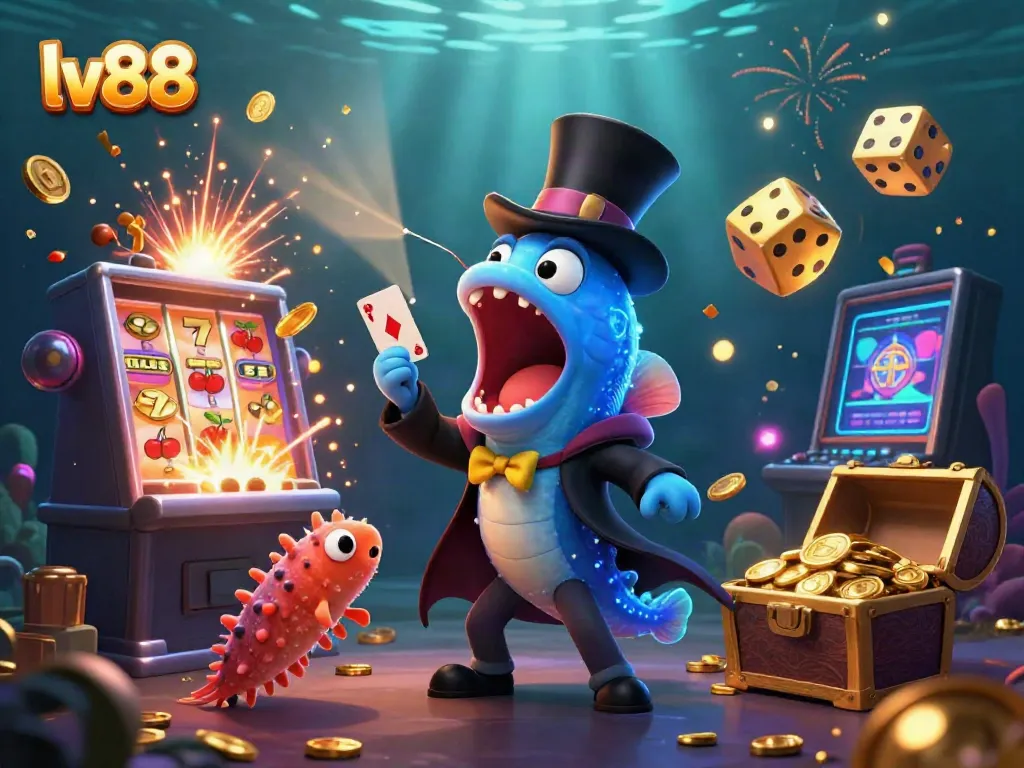 Join the adventure at lv88 as a bioluminescent eel performs card tricks amidst a vibrant casino scene.
